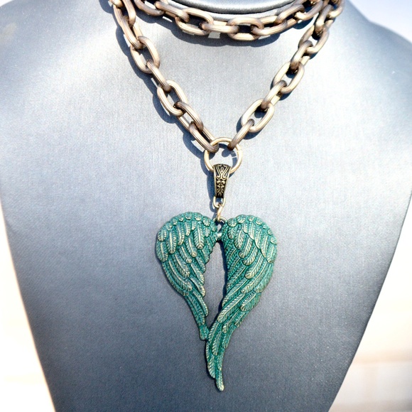 Angel Wings Big Pendant Filigree Necklace Brass Green Patina Verdigris Gift Boho - Picture 4 of 5